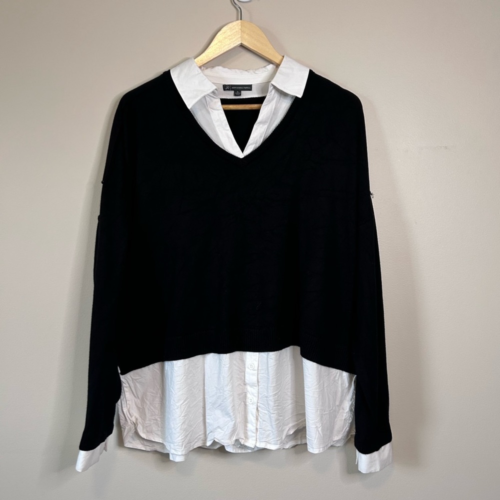 Adrianna Papell Black and White Layered Collared V-Neck Sweater Size XL